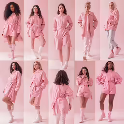 different women are wearing pink outfits and poses