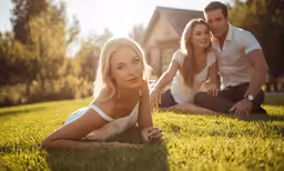 a man and woman sit in the grass outside in front of a house