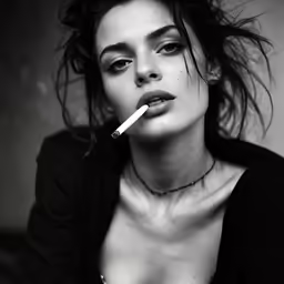 a woman smoking a cigarette with water all around her neck