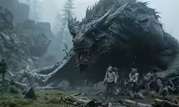 a large dinosaur surrounded by people with their mouths open