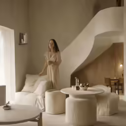 a woman standing next to a white couch