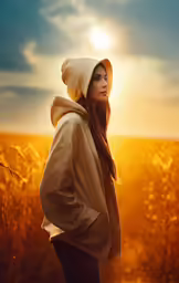 woman wearing hooded jacket and standing on an open field with sunbeams