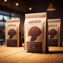 two bags of coffee that are on a table