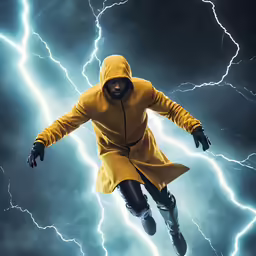 a person dressed in a yellow outfit jumping through the air