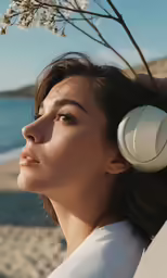 woman in a white shirt holding up her headphones to hear her