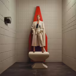 a bathroom scene with a woman standing on a toilet
