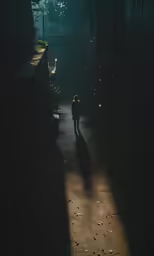 a person is standing alone in the dark with the light coming through