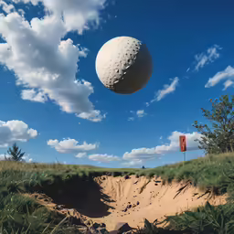 a huge ball is flying above a grassy field