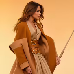 woman in coat and skirt holding a knife