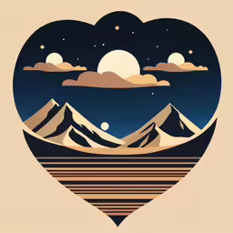 a heart shaped artwork of mountains and clouds
