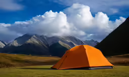 a orange tent sitting on top of a lush green hillside