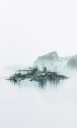 several small island in the water on a foggy day