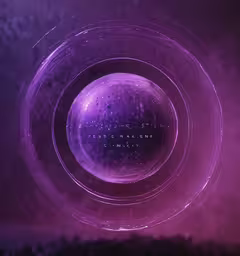 the inside of a purple circle in the dark,there is a futuristic image with the words on it