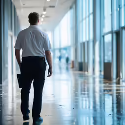 a man walks by a big glass wall in an airport