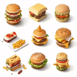 a collection of different types of food with fries