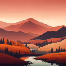 a painting of mountains with water in the foreground,an artistic landscape with a lake and mountains