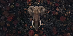 an elephant walking amongst the flowers and leaves