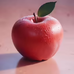 an apple with a green leaf sitting on top of a table
