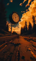 a clock on the side of the road in the middle of a forest