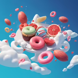 some donuts and fruit are on a plate on a blue background