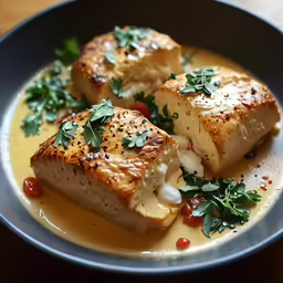 a dish with meat covered in sauce and fresh herbs