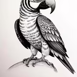 a black and white drawing of a toucan on a branch
