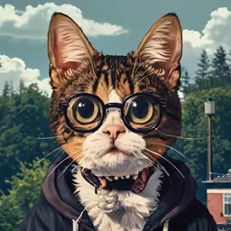 a cat with glasses and a black jacket
