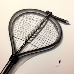 a drawing of a bat with a bug on it,there is a drawing of a ball and baseball bat,this drawing depicts a drawing of a tennis racket and a fly,a drawing of two tennis rackets that have been drawn,a drawing of a tennis racquet, with a hook on the blade
