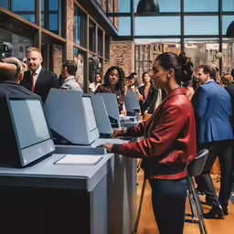 a woman is typing on an atm machine