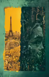 the collage shows a man in front of a eiffel tower
