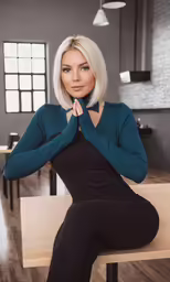 woman sitting on a desk in her office setting with her hands to her heart
