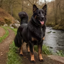 a black and brown dog standing on a trail next to a river