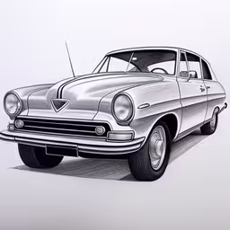 a drawing of an old fashion car with a cigarette hanging from the back of it