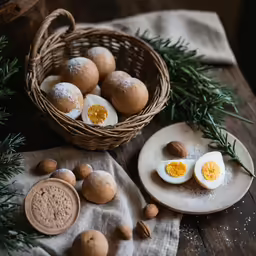 a basket with boiled eggs on a table