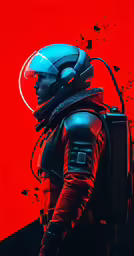 an illustration of an adult in space and the background is red