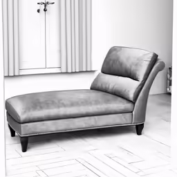 a grey chaise lounge chair sitting in front of a wall