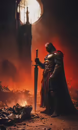 the character is holding a sword in front of a building