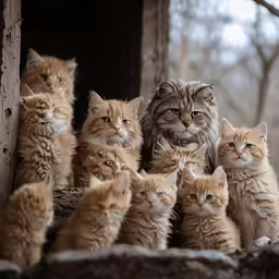 a large group of cats sitting next to each other