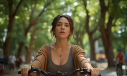 a woman sitting on a bike on a park