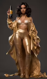 a woman with a bottle and a suit holding a gun