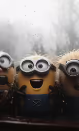 five minion are staring outside the window