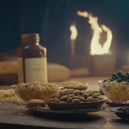 a plate full of nuts sitting next to other bowls