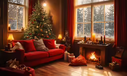 a red couch sitting in a living room next to a fire place