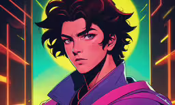 an image of a man with short hair in neon colors,an anime character with black hair and blue eyes, in front of a bright yellow background