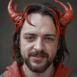 the man wearing horned horns is smiling for the camera
