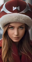 a girl wearing a red coat and hat with silver arrows on it
