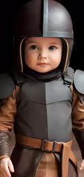 a baby boy wearing a star wars helmet and a uniform