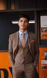 the man in the suit is standing next to an orange wall