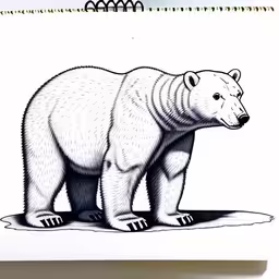 a black and white drawing of a polar bear,an illustration of a polar bear sitting in the grass,this is a drawing of a polar bear,there is a large bear drawing on a piece of paper,a polar bear stands in the snow drawing on paper