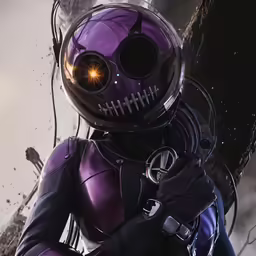 a woman in a purple space suit is holding a gun